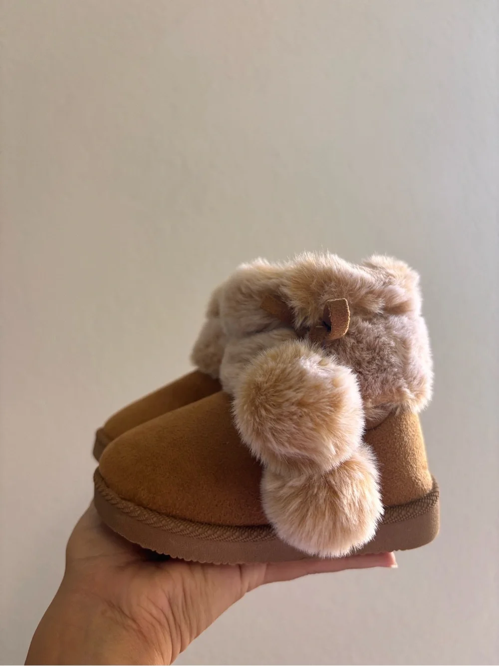 Kids Faux Fur Pom Booties in Light Brown - Cozy Slip-On